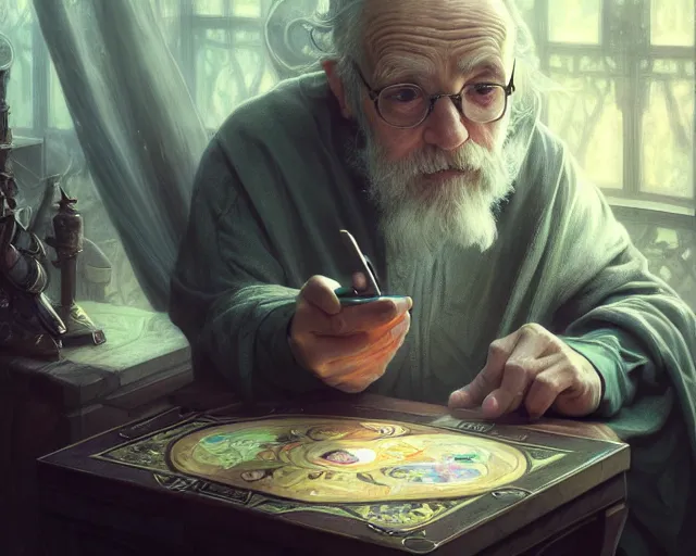 Image similar to photography of an old man trying to use an ipod, deep focus, d & d, fantasy, intricate, elegant, highly detailed, digital painting, artstation, concept art, matte, sharp focus, illustration, hearthstone, art by artgerm and greg rutkowski and alphonse mucha