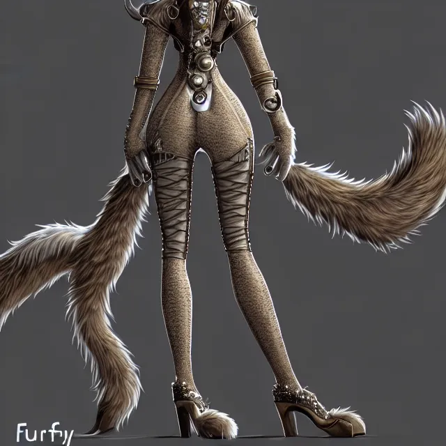 Image similar to the full body of anthropomorphic lynx fursona from behind wearing a steampunk suit as unimaginably beautiful, gorgeous, elegant, young woman with lynx head, an ultrafine hyperdetailed illustration by furaffinity, intricate linework, white fur, unreal engine 5 highly rendered, global illumination, radiant light, detailed and intricate environment