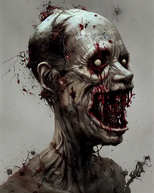 Image similar to hyper realistic photo portrait laughing crazy zombie cinematic, greg rutkowski, james gurney, mignola, craig mullins, brom