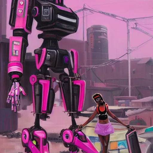 Image similar to a black girls building a giant pink mecha robot out of junk in the cyberpunk ghetto by justin bua, oil on canvas, 8k