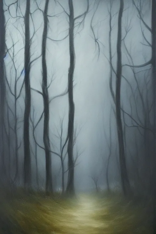 Image similar to dark and spooky woods. atmospheric, foggy, oil painting on canvas. fairytale