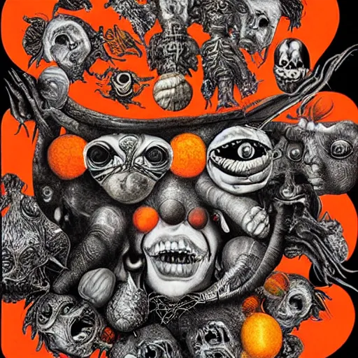 Prompt: black, white, orange album cover, aliens, psychedelic, giuseppe arcimboldo