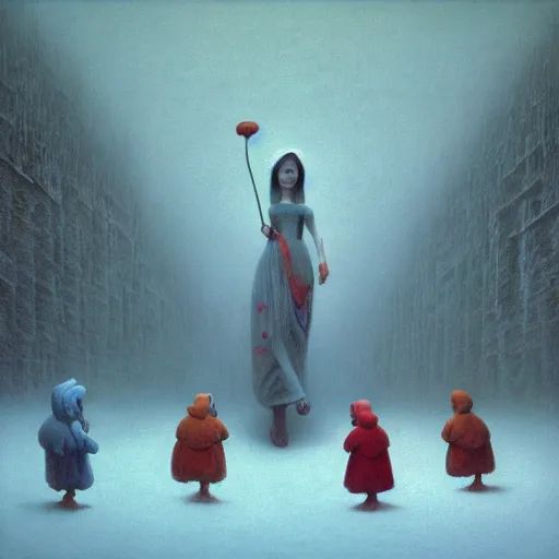 Image similar to Snow White and The Seven Dwarfs in style of Zdislaw Beksinski