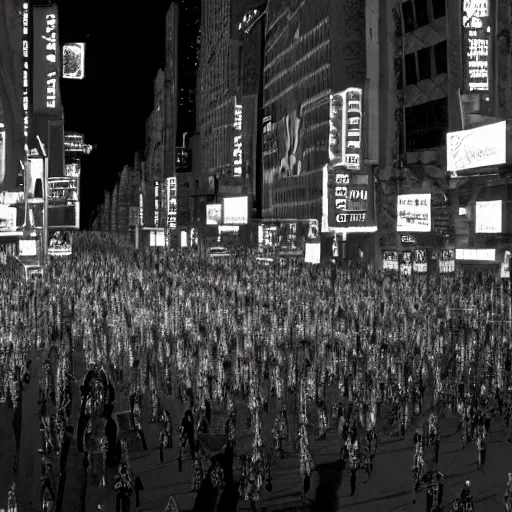 Image similar to photo, a giant crowd of silvery shiny refective black latex claymation skeletons by ray harryhausen inside a 1980's new york nighttime street, dramatic lighting, blue moonlight, distant flickering street light, edge lighting, ray traced lighting