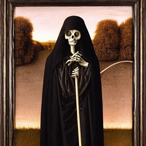 Image similar to portrait of a veiled skeleton grim reaper holding a scythe at dusk, by Jan van Eyck