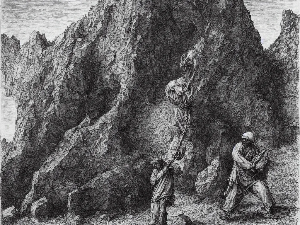 Prompt: Worker in the mines carrying stones. Ink painting by Gustave Dore, Albrecht Durer, Sebastiao Salgado