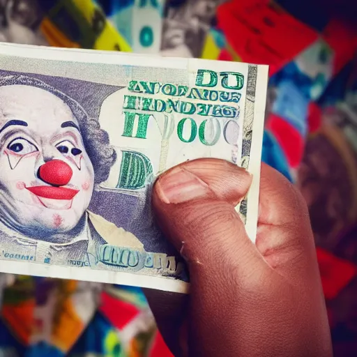 Image similar to A clown holding a dollar banknote, background is a slum, cinematic, epic, highly-detailed, photo realistic