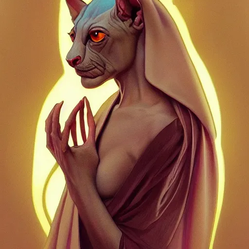 Image similar to godlike sphynx cat, animal sphynx cat, anthropomorphic sphynx cat, deity, holy robes, holy light aura, ultra details, art by artgerm, dwayne barlowe, trending on artstation and greg rutkowski and alphonse mucha, 8 k