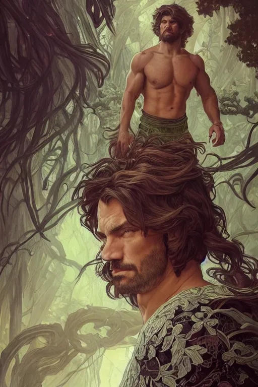 Image similar to portrait of a herculian man in a bomber - jacket, flowing hair, forest, full body, muscular, fantasy, intricate, elegant, highly detailed, digital painting, artstation, concept art, sharp focus, illustration, art by artgerm and greg rutkowski and alphonse mucha