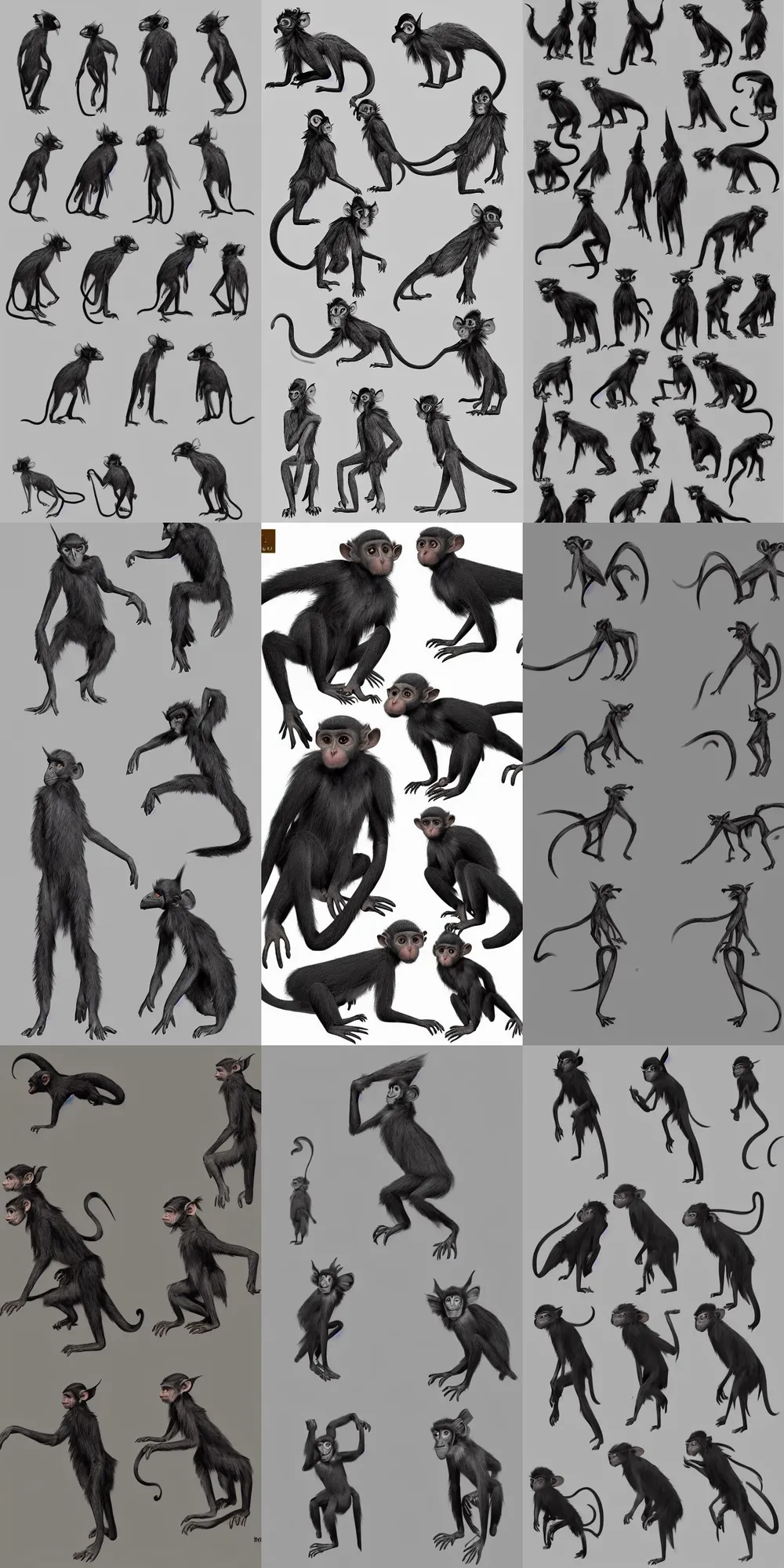 Prompt: long - eared monkey - crow creatures, contact sheet, pose sheet, concept art, poses, studies