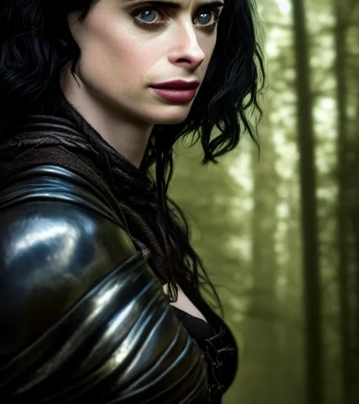 Prompt: 5 5 mm close up portrait photo of krysten ritter as yennefer of vengerberg in black leather armor and long black wavy hair, in a forest. magical atmosphere. art by greg rutkowski. lifelike. very detailed 8 k. intricate. soft light. nikon d 8 5 0.