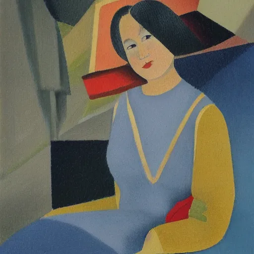 Image similar to an asian woman sitting on stairs, dark background, oil painting in style of Jean Metzinger