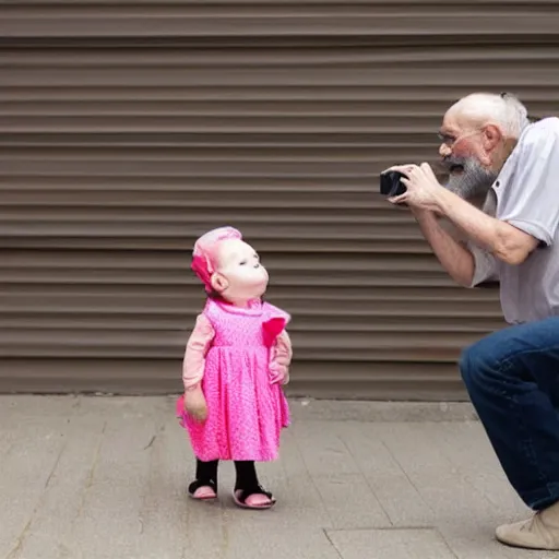 Prompt: cute cartoon character, beard grandpa taking a photo to a baby girl, stuart davis