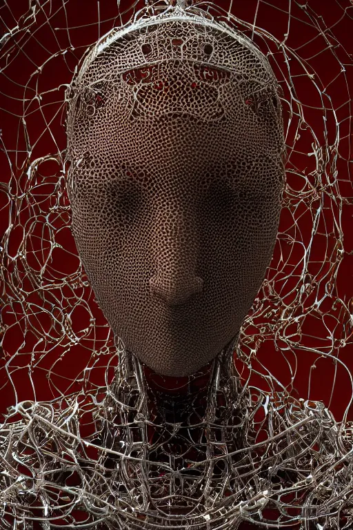 Prompt: Cinestill of A heartbreaking realistic 8k Bernini Sculpture of a complex robotic human face, liquid simulation background, dramatic lighting, silver gold red details, hexagonal mesh wire, filigree intricate details, cinematic, fleshy musculature, elegant, octane render, 8k post-processing, by Yoshitaka Amano, Daytoner, Greg Tocchini