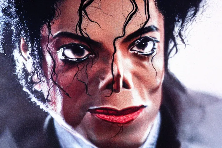 Image similar to photo of michael jackson schreaming scratched face bloody veigns showing high detail photorealistic dramatic lighting 4K