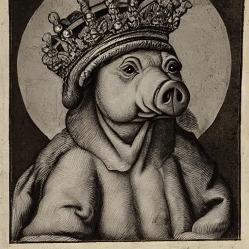 Image similar to a renaissance style portrait of a pig (Sus domesticus) wearing a crown and a cape, dark background