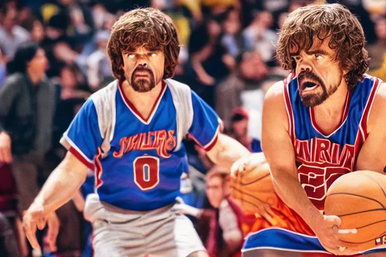 Image similar to peter dinklage playing basketball movie still, from the new slam dunk ernest movie, 8 k, realistic