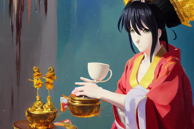 Prompt: baroque! oil painting of anime key visual environment concept art of anime! shinto priestess pouring a cup of tea, sat in seiza position, award winning anime, trending on artstation, palette knife! and brush strokes, oil on canvas, makoto shinkai greg rutkowski studio ghibli