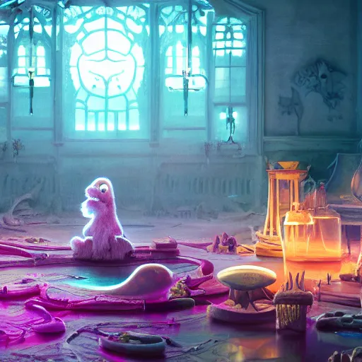 Image similar to ghost mansion, expressive eyes, floating, rbc, bunny, radiolaria, protophyta, micro - organisms, center frame, symmetric, rim light, marine microbiology, bioluminescence, electric, fur, soft, concept art, intricate details, highly detailed, colorful, photorealistic, disney pixar, octane render, iridescent, anime, 8 k