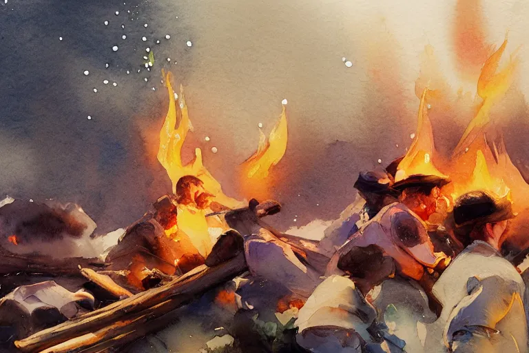 Prompt: small centered on watercolor paper, paint brush strokes, abstract watercolor painting of faraway campfire smoke, bonfire, cinematic light, american romanticism by hans dahl, by jesper ejsing, by anders zorn, by greg rutkowski, by greg manchess, by tyler edlin