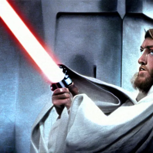 Prompt: film still of Marlon Brando as Obi Wan Kenobi with a light saber drawn in Star Wars 1977