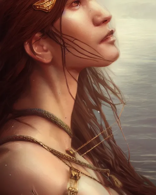 Prompt: A beautiful female warrior posing on a boat, perfect face, highly detailed face, close-up, fantasy woman, fantasy art, in the style of greg rutkowski, illustration, epic, fantasy, intricate, hyper detailed, artstation, concept art, smooth, sharp focus, ray tracing, profile shot