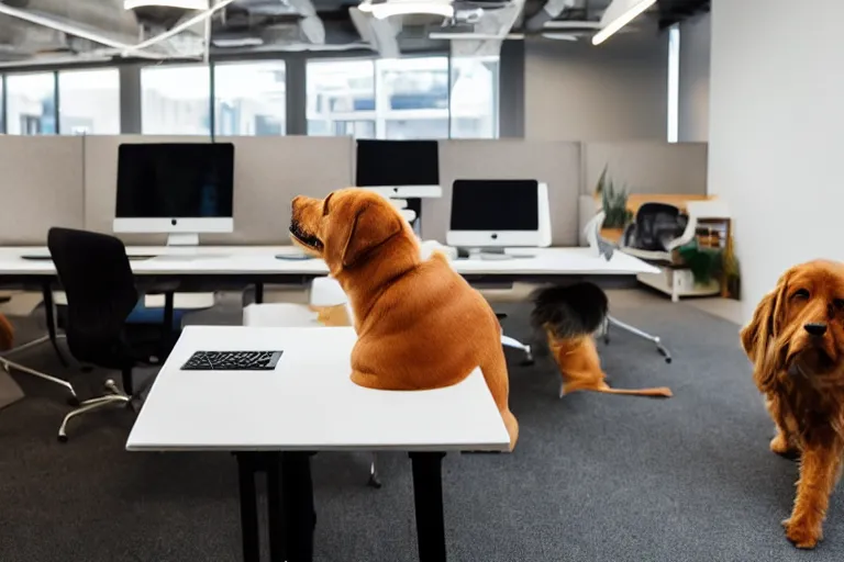 Image similar to pets are working in co - working spaces or modern offices, no people