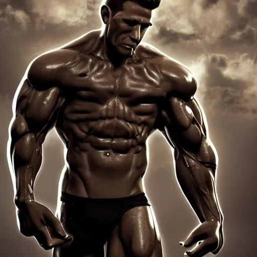 Image similar to a realistic detailed photo of a bodybuilder who is also a male android, Chris Redfield, shiny skin, posing robotically. blank stare