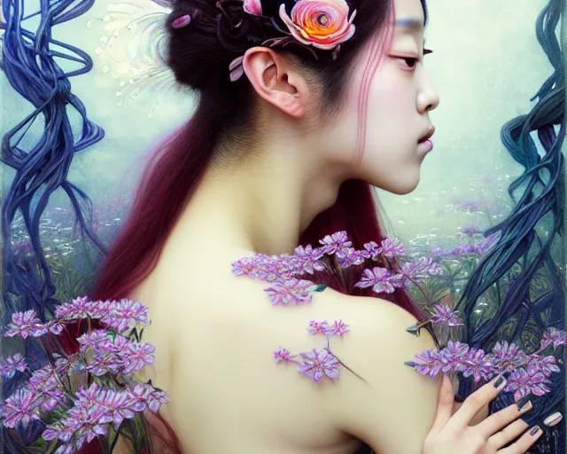 Image similar to jisoo from blackpink, portrait, rococo and art nouveau fusion, iridescent diaphanous refractive and reflective flower bouquet, tarot card, hyperrealistic, highly detailed, deep focus, intricate, elegant, digital painting, smooth, sharp focus, illustration, ultra realistic, 8 k, art by karol bak and agnes cecile