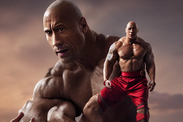 Image similar to ! dream a cinematic portrait of dwayne the rock johnson as pinocchio, annie leibovitz and zack snyder, 8 k, hd, high resolution, 8 5 mm, red and white color theme, f / 1. 8