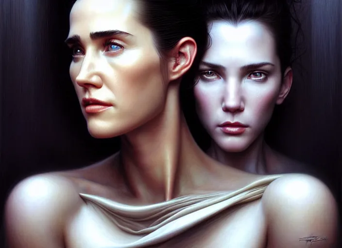 Image similar to portrait shot of young jennifer connelly in ghost in the shell, intricate, elegant, highly detailed, centered, digital painting, artstation, concept art, smooth, sharp focus, illustration, artgerm, tomasz alen kopera, peter mohrbacher, donato giancola, joseph christian leyendecker, wlop, boris vallejo