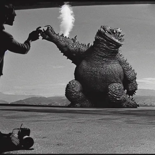 Prompt: extreme wide angle photo of godzilla taking a smoking break between filming setups