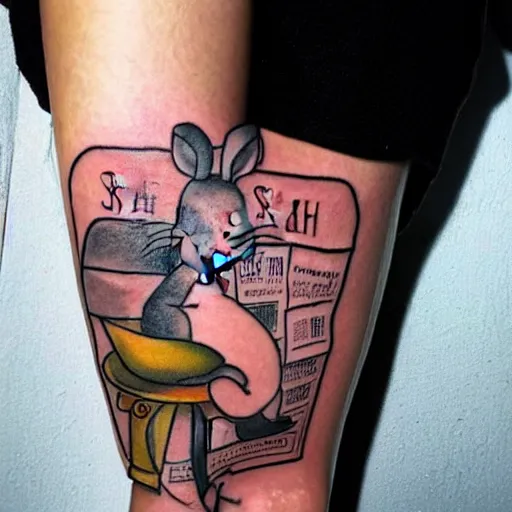 Image similar to tatoo skatch on girl's leg with cute rat reading newspapper sitting on mushroom