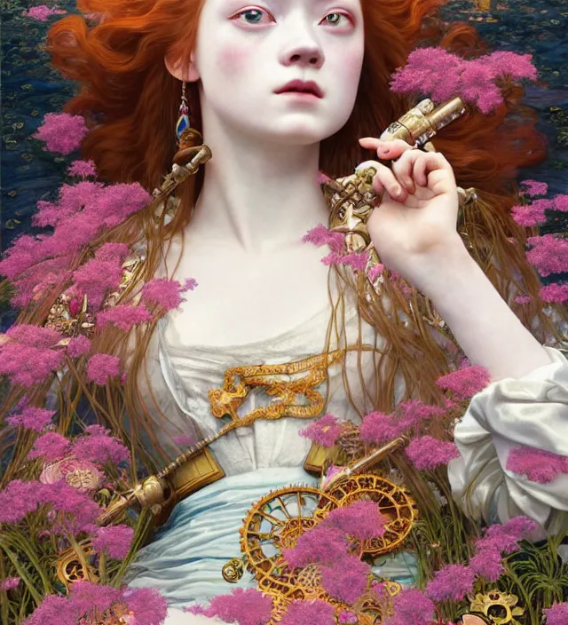 Prompt: sadie sink baroque portrait of one steampunk bohemian geisha woman of porceline skin lying down in a river made of thousand of flowers, cinematic lighting, photorealistic, octane render, 8 k, depth of field, art by artgerm and greg rutkowski and alphonse mucha and uang guangjian