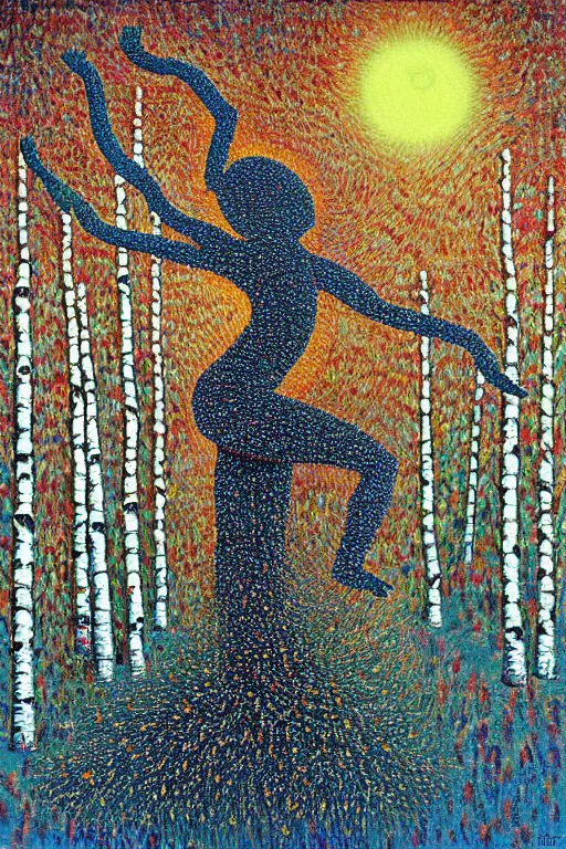 Image similar to ivan marchuk style nataraja dancing in a winter birch grove and raising snow clouds during a solar eclipse, visionary art style