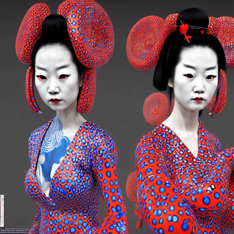 Image similar to hyperrealistic detailed image of a geisha in a art installation room, hd smooth interior by yayoi kusama, part by kei mieno, part by ross tran, dark art by james jean, ultra realistic, highly detailed, life like face, detailed body, 8 k, 3 d render by roger magrini, masterpiece