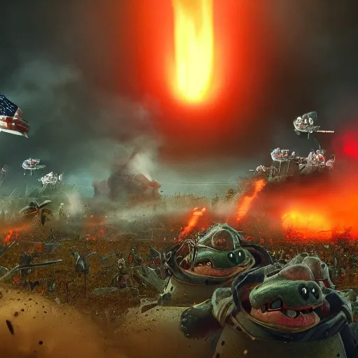 Prompt: detailed bob - omb battlefield battle war of the koopa clan, intricate, hyper detailed, realistic, cinematic lighting, dark, gritty, movie still, award winning cinema, breathtaking, foggy, smoky death, flags, sharp