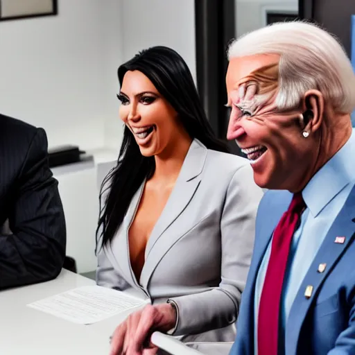 Image similar to stock photo of kim kardashian, and joe biden wearing suits and ties laughing in an office building, 8k resolution, full HD, cinematic lighting, award winning, anatomically correct