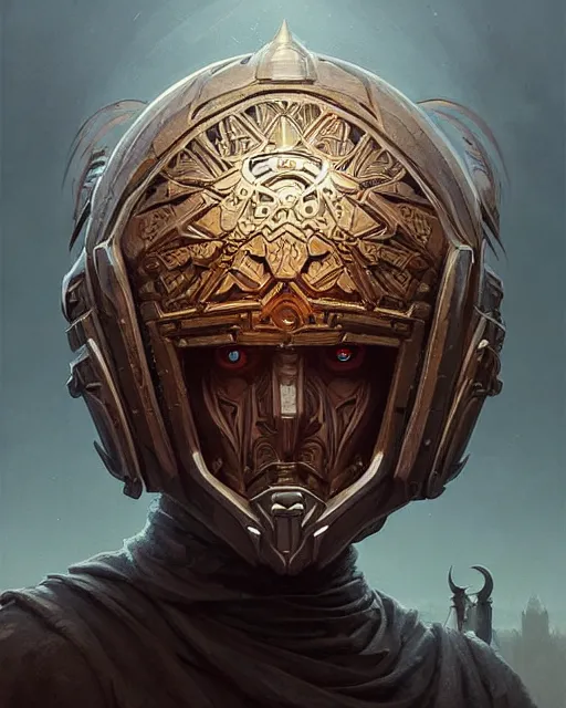 Image similar to professional ominous concept art portrait of a character with a mandala helmet by artgerm and greg rutkowski. an intricate, elegant, highly detailed digital painting, concept art, smooth, sharp focus, illustration, in the style of simon stalenhag, wayne barlowe, and igor kieryluk.