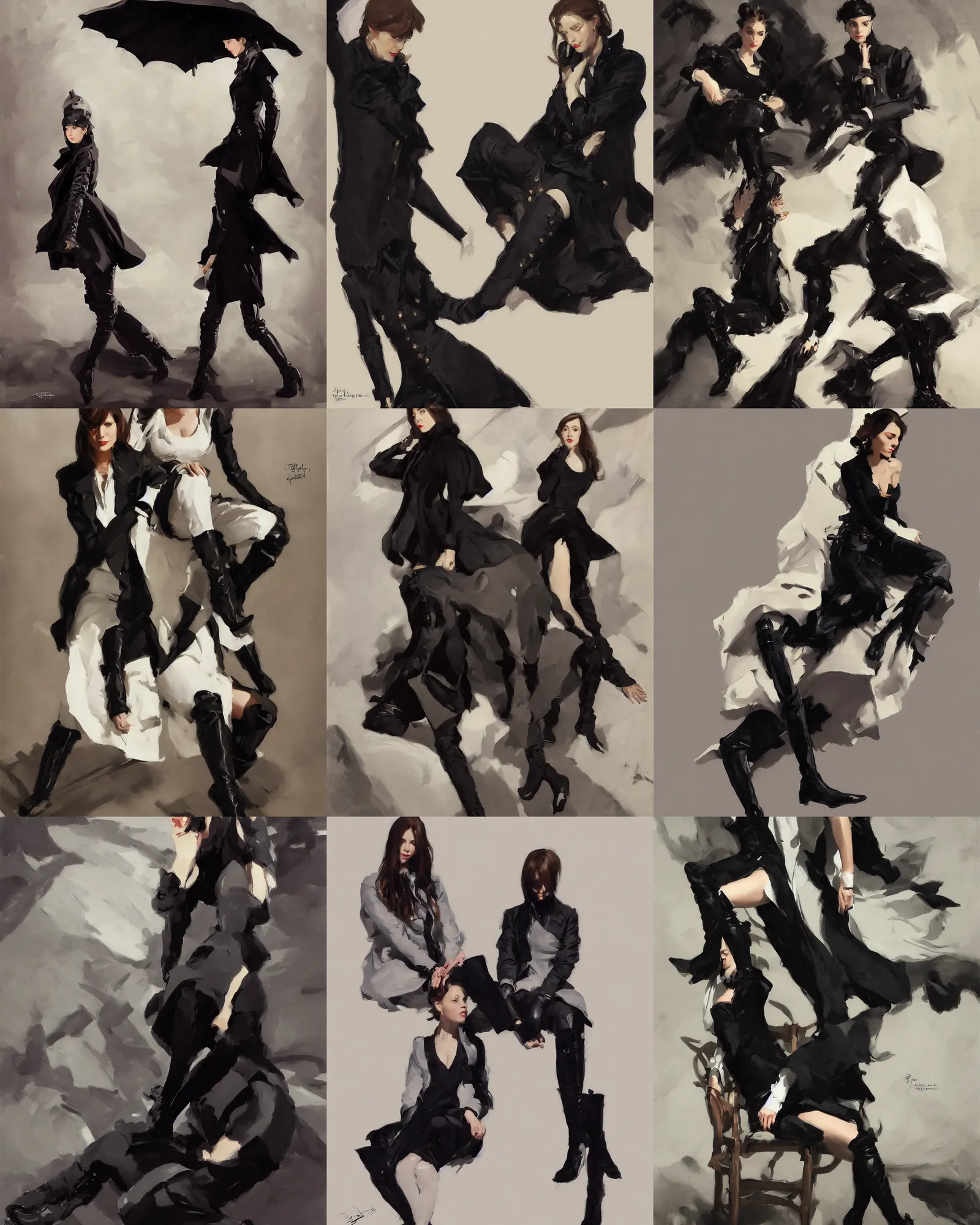 Image similar to black white cloth fabric jodhpurs knee high boots travel coat fashion, portrait in sitting pose, greg manchess painting by sargent and leyendecker, studio ghibli, fantasy, asymmetrical, intricate, elegant, matte painting, illustration, hearthstone, by greg rutkowski, by greg tocchini, by james gilleard, by joe fenton