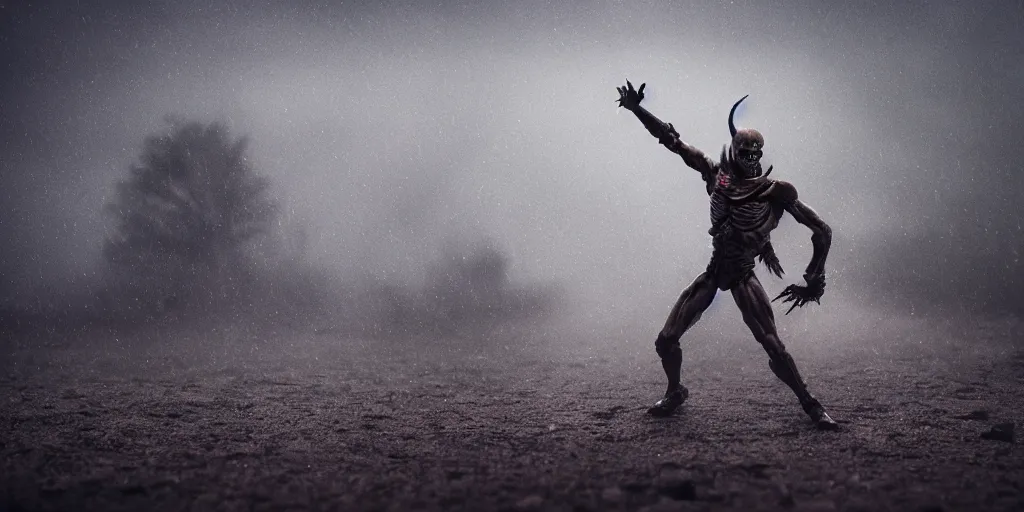 Image similar to skeletor fighting he - man, fog on the ground, heavy rain, lightning, moody lighting, shallow depth of field,