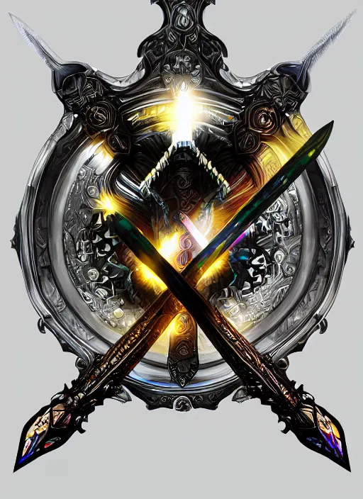 Image similar to legendary glowing sword of cybernetic technology on a table, digital award winning artwork, intimate, intricate, long sharp black and iridescent blade, ornate gothic baroque spikes coming out, colorful hilt, vivid detailed realistic, ray tracing, colored gems, golden pommel, artstation, deviantart
