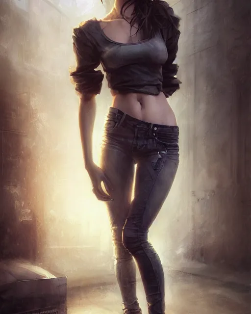 Image similar to daniel gerhartz and artgerm portrait digital chiaroscuro painting of a beautiful woman wearing streetwear clothing, abandoned warehouse interior in the background, unreal engine, hyper realism, realistic shading, cinematic composition, realistic render, octane render, detailed textures, photorealistic, ultrawide shot, 3 5 mm film