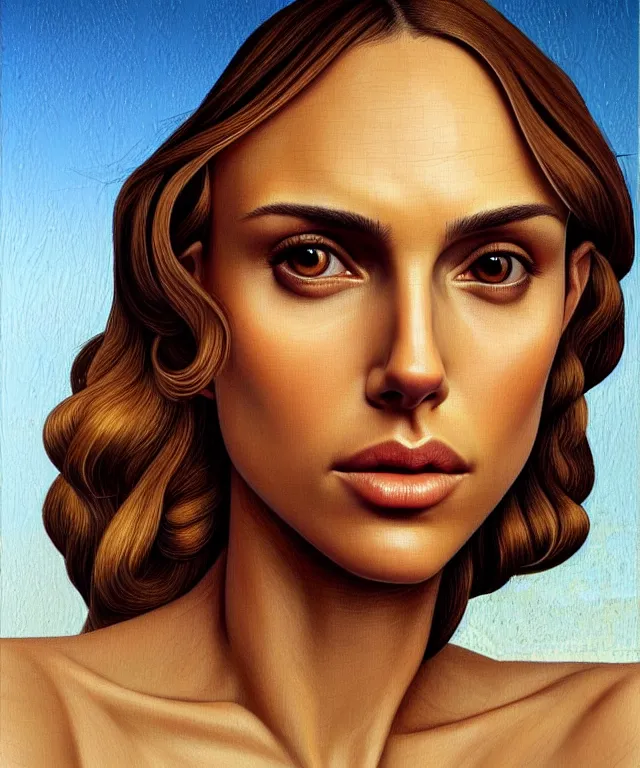 Image similar to half Nathalie portman half jessica alba portrait by Sandro Botticelli, sci-fi, amber eyes, beautiful face, appealing long hair, fantasy, intricate, elegant, highly detailed, digital painting, artstation, concept art, smooth, sharp focus, oil painted illustration by Sandro Botticelli