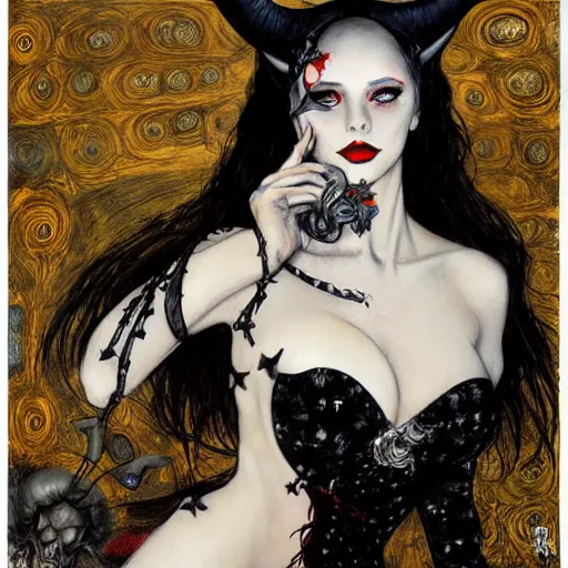 Image similar to lady death with horns, klimt, royo, miro, frazetta, whealan,