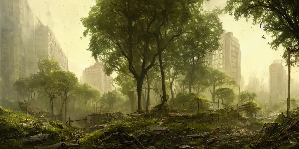 Image similar to postapocalyptic city of warsaw, poland overgrown with vegetation, plantlife and wildlife. fantasy art by greg rutkowski, gustave courbet, rosa bonheur, edward hopper. faithfully depicted architecture, realistic, sharp focus, global illumination, radiant light, detailed and intricate environment, trending on artstation