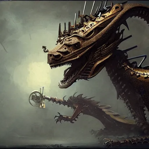 Prompt: A dragon made of machine parts, steampunk, ultra detailed, 4k, by Greg Rutkowski