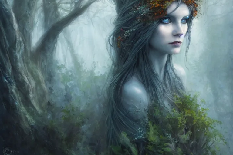 Image similar to cinematic painting, portrait of a dryad, fey, mysterious, she's emerging from shadow, face partially hidden by a hooded cloak, ice blue eyes, determined expression, maenad, autumn forest, cinematic fantasy painting, trending on art station, hard focus, cinematic lighting, ominous shadows by brian froud and jessica rossier and gaston bussiere