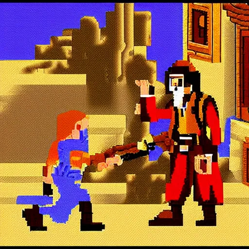 Image similar to monkey island, lucasarts, pixelart, guybrush swordfighting with jack sparrow