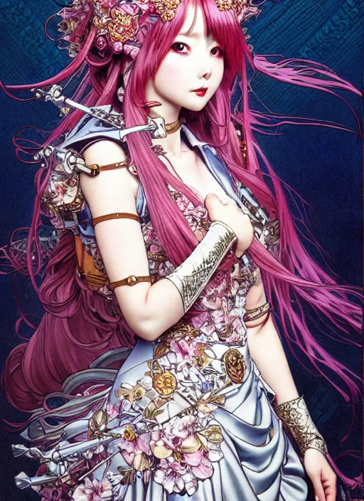 Image similar to highly detailed artgerm artstation minaba hideo fantastic fate katsuhiro otomo manga poster of princess mechine, minaba hideo,, long hair, armor, dress, laces, ruffles, 8 k, fluorescent, maximalist, jump comics, art nouveau, alphonse mucha